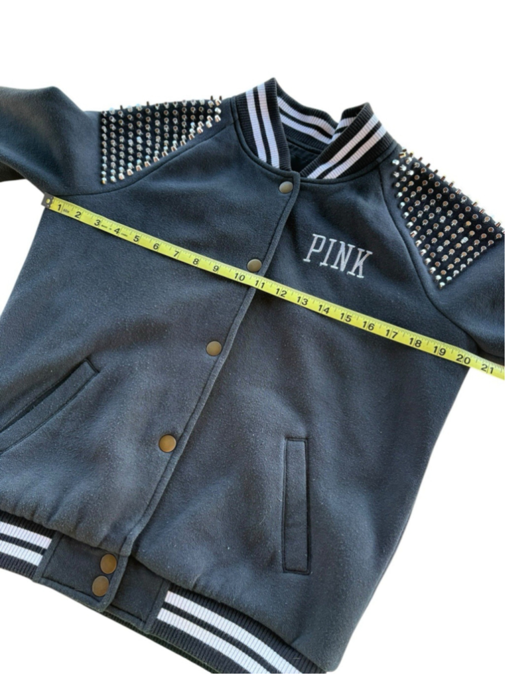 PINK Victoria Secret Black Studded Varsity Bomber Jacket Small Coat - Picture 8 of 11